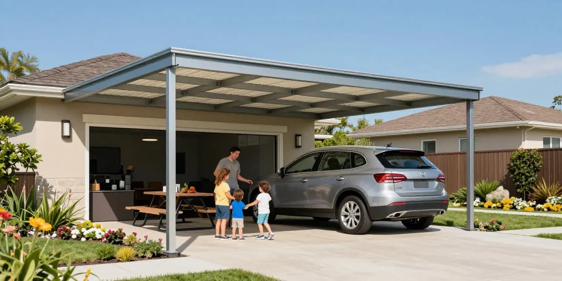 Moderne Carport in einem Vorort mit einem Auto und einer Familie, die im Freien spielt.