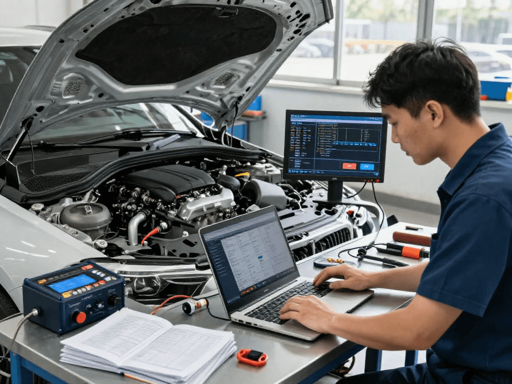 Chiptuning Hannover in einer modernen Werkstatt mit Techniker an einem BMW-Motor
