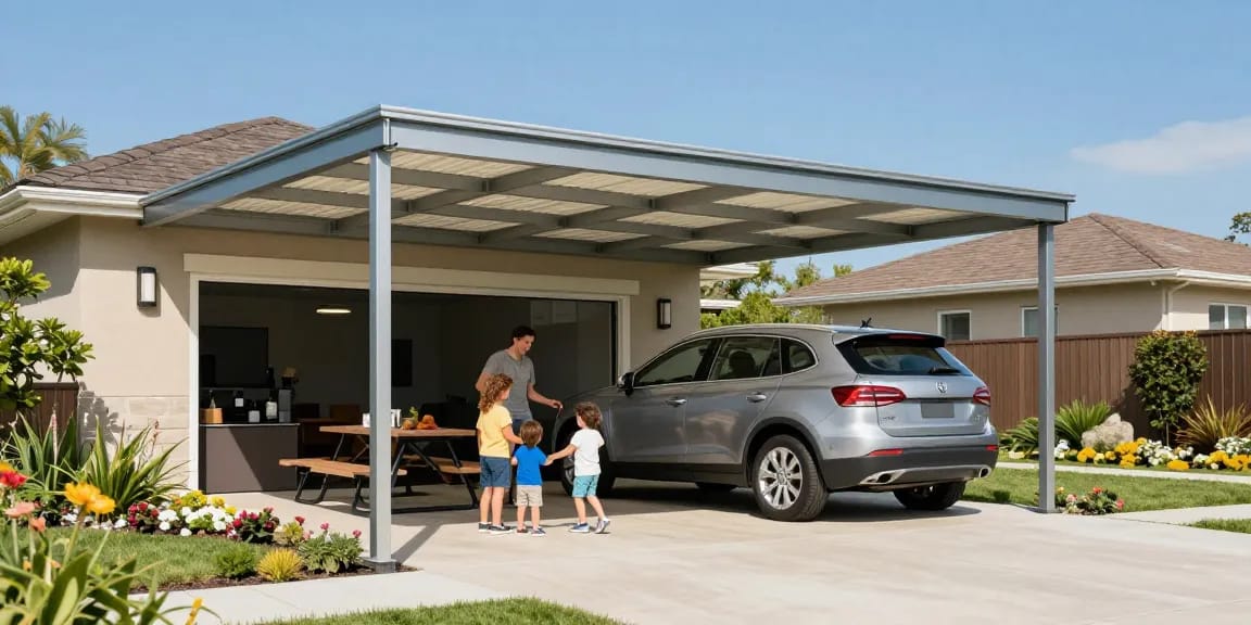 Moderne Carport in einem Vorort mit einem Auto und einer Familie, die im Freien spielt.