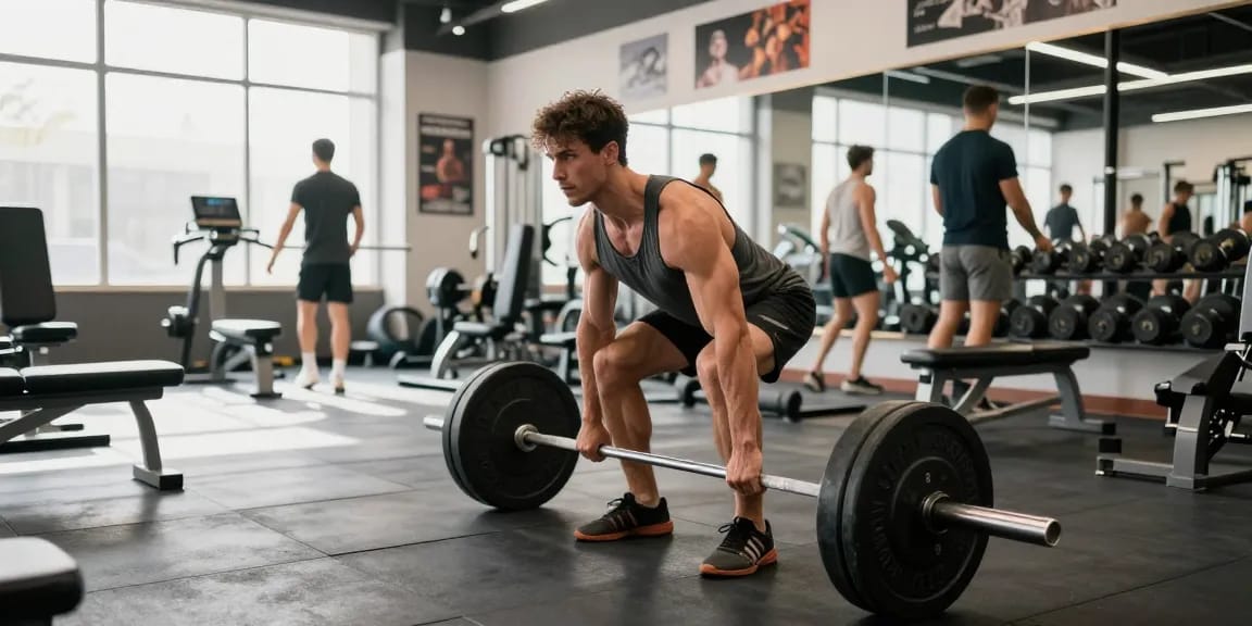 Bodybuilder im Steroidshop beim Krafttraining mit Gewichten im Fitnessstudio