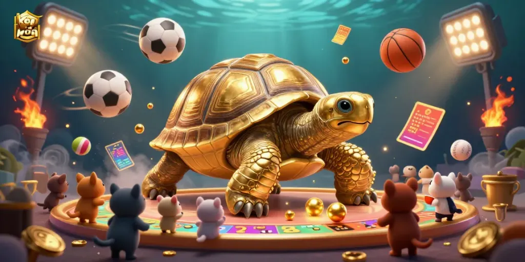 Kèo nhà cái highlights thrilling sports gameplay with a golden tortoise pinball machine surrounded by sports balls and betting elements.