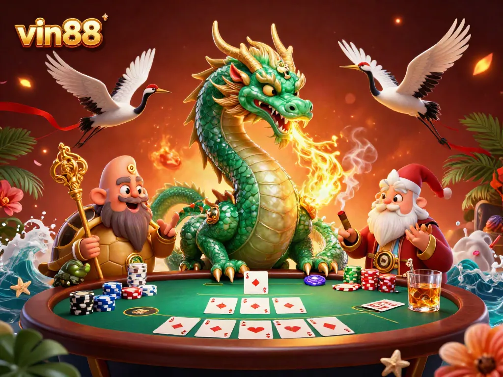 Experience the excitement with vin88's dynamic dragon and turtle characters at a vibrant poker scene.