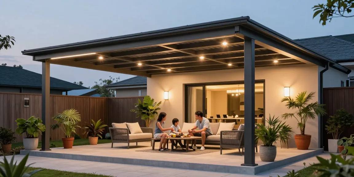 Moderne Terrassenüberdachung mit Familie im Freien