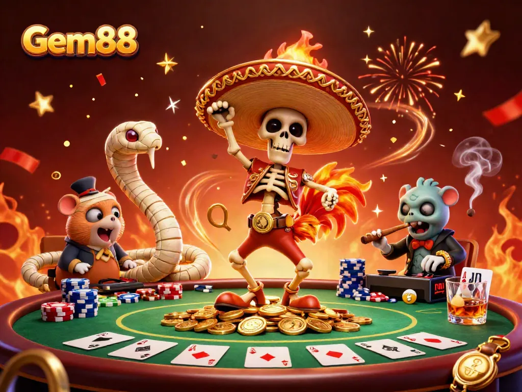 Experience Gem88 with a festive 3D scene featuring vibrant characters celebrating amidst poker elements.