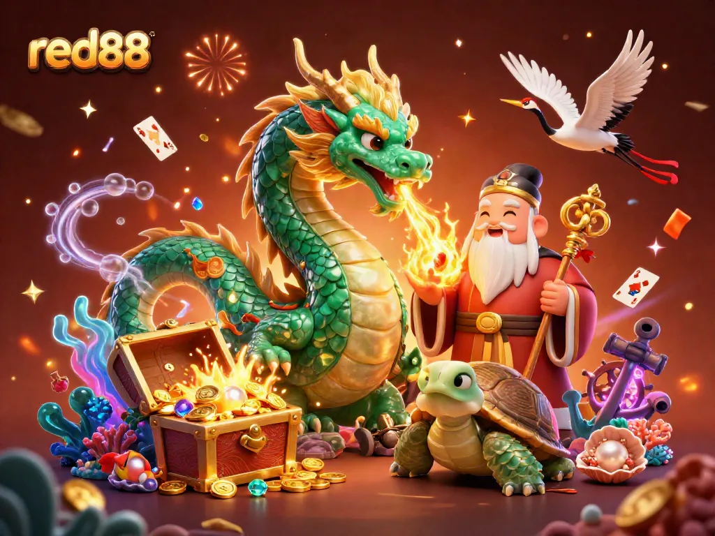 Experience thrilling gameplay at red88 with dragon and turtles amidst casino excitement and treasures.
