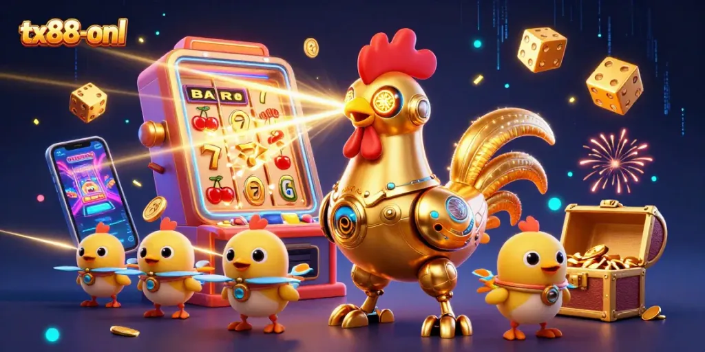 Engage in thrilling gaming with tx88-onl featuring a golden rooster robot among a jackpot explosion.