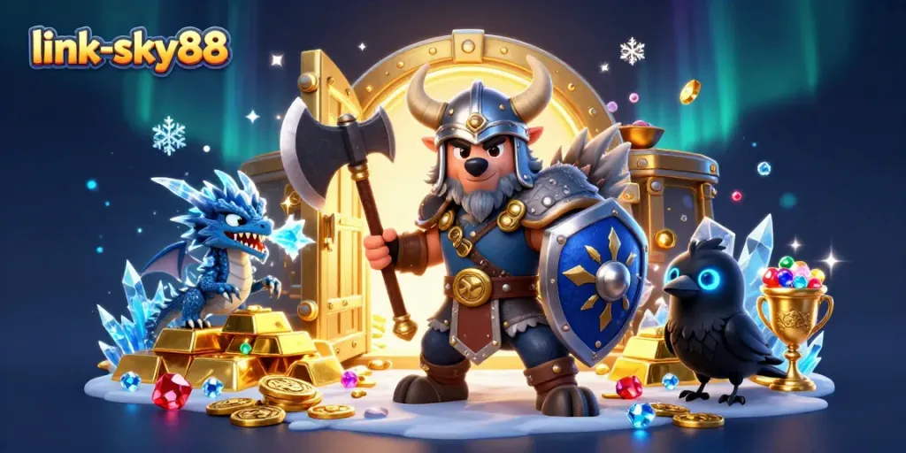 Join the thrill of winning at link-sky88 with a Viking wolf, fiery dragon, and sparkling treasures!