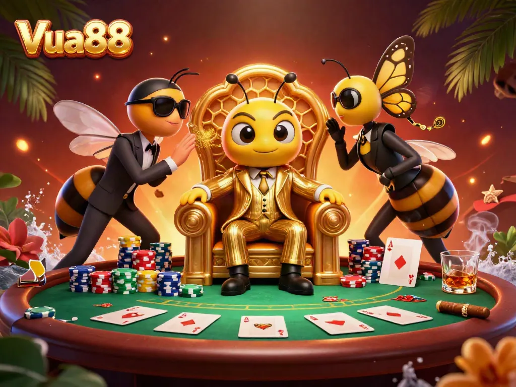 Experience exciting poker action at Vua88 with a bumblebee mob boss and wasp bodyguards in a vibrant casino scene.