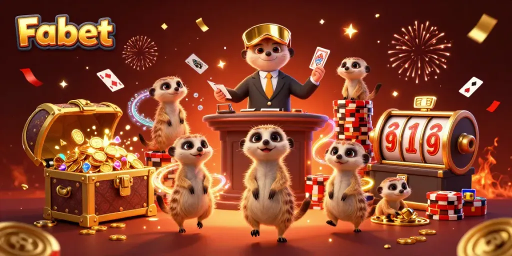 Experience exciting gaming at Fabet with meerkats managing a colorful casino scene filled with treasures and cards.