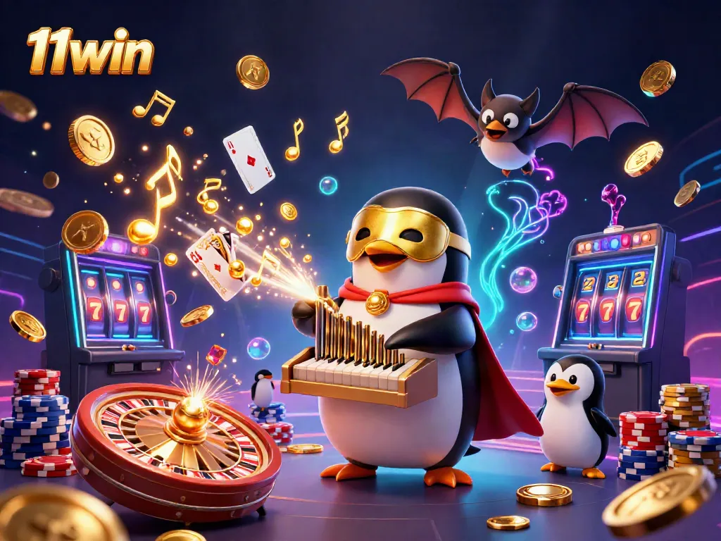 Experience thrilling gaming at 11win with a dazzling casino scene featuring a wondrous penguin and bat