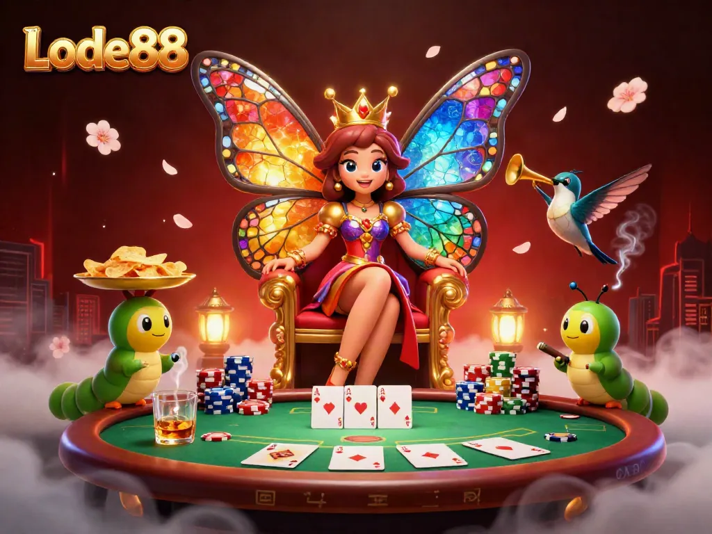 Engage in the vibrant world of Lode88, illustrated through a fantastical casino scene with dynamic game elements.