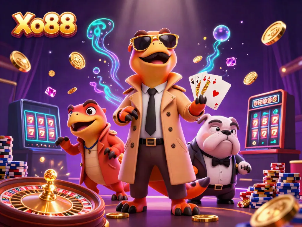 Raptors in a trench coat playfully attempting to enter a VIP casino lounge at Xo88, surrounded by dynamic casino elements.