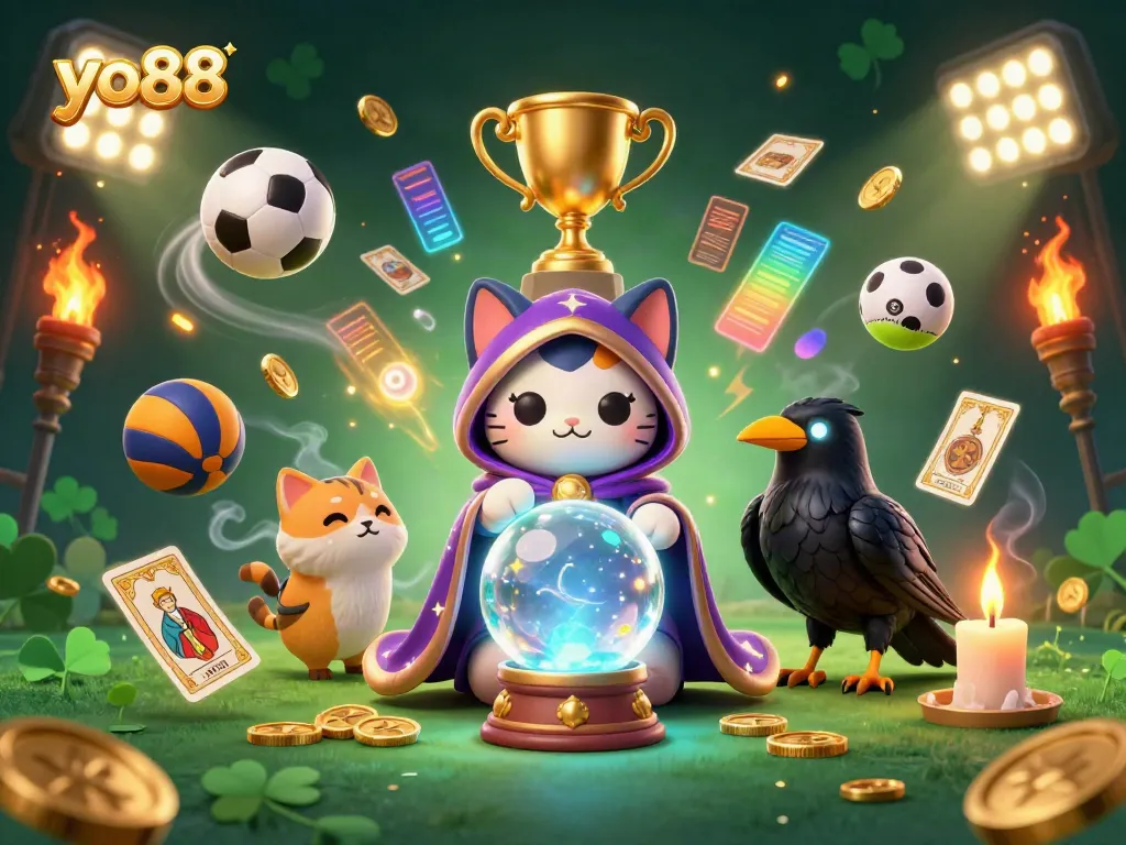 Win big at yo88 with an enchanting scene featuring a fortune teller cat, raven, and casino elements.