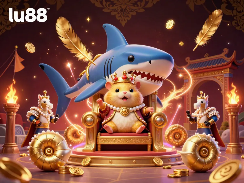 Experience the vibrant gambling scene at lu88 with a golden hamster king surrounded by unique marine companions.