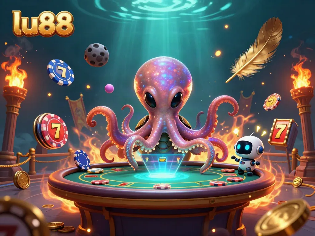 Engage in thrilling games at lu88 with an imaginative alien octopus at a poker table.