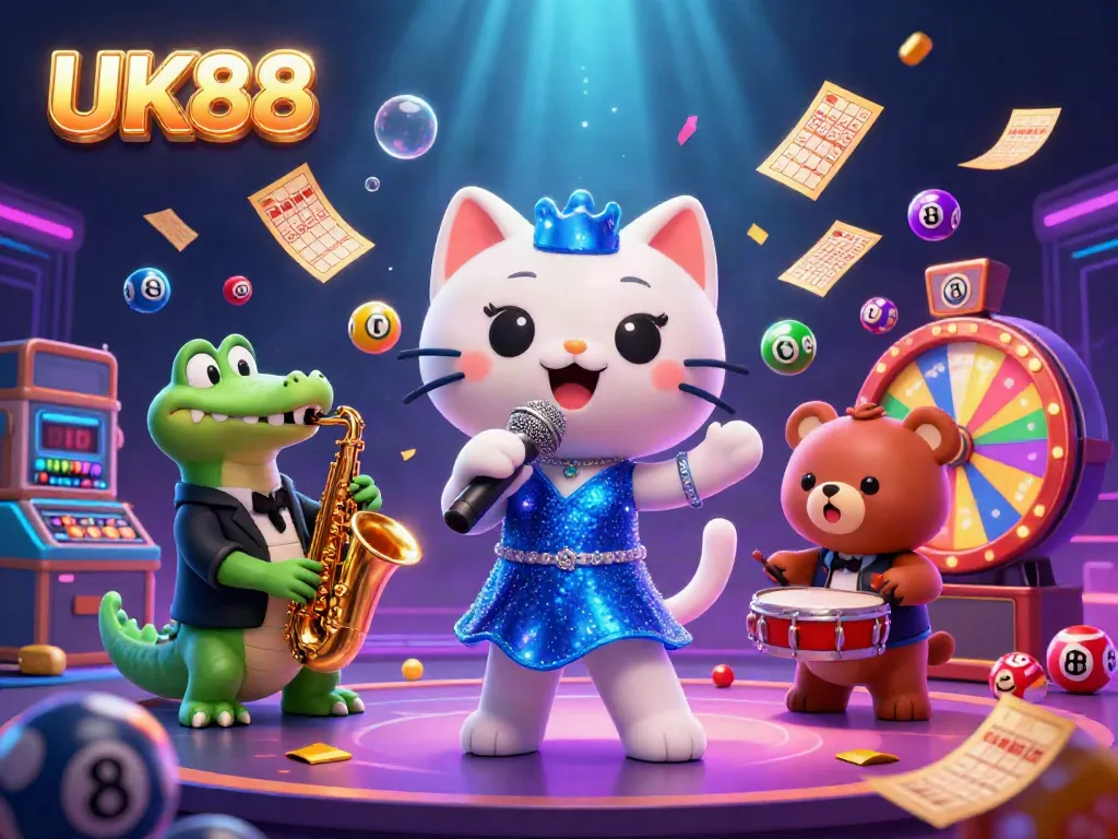 Engage with UK88 as lively cartoon characters illuminate the online casino stage, featuring interactive game elements and vibrant atmosphere.
