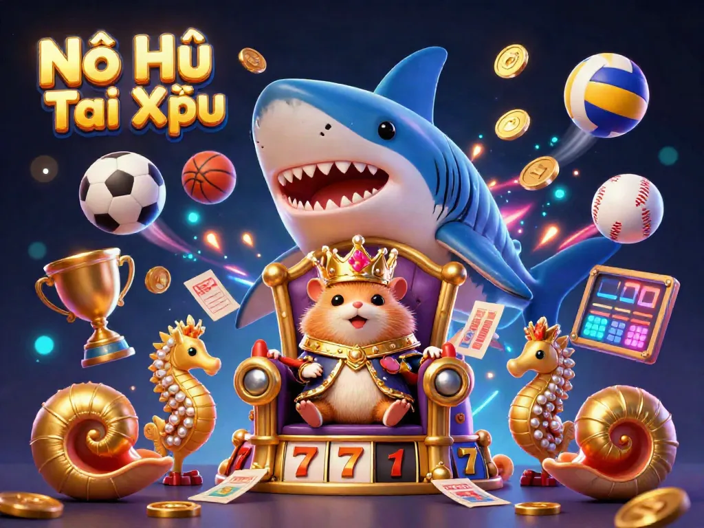 Nổ Hũ Tài Xỉu features a golden hamster king on a megalodon throne, surrounded by casino elements.