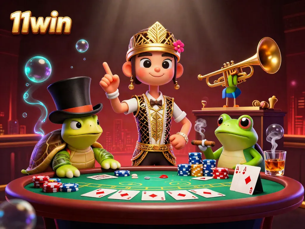 Experience thrilling gameplay with 11win - vibrant casino scene featuring characters and poker elements.