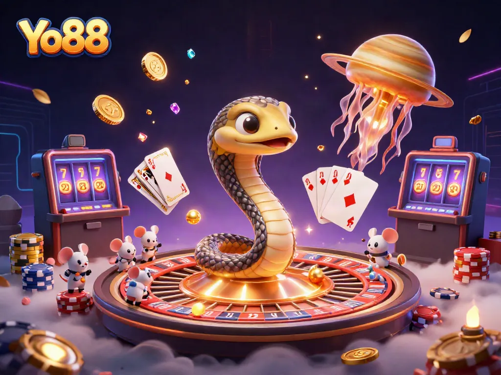 Engage in thrilling bets at Yo88's vibrant cosmic casino, featuring dynamic game elements and action-packed atmosphere.