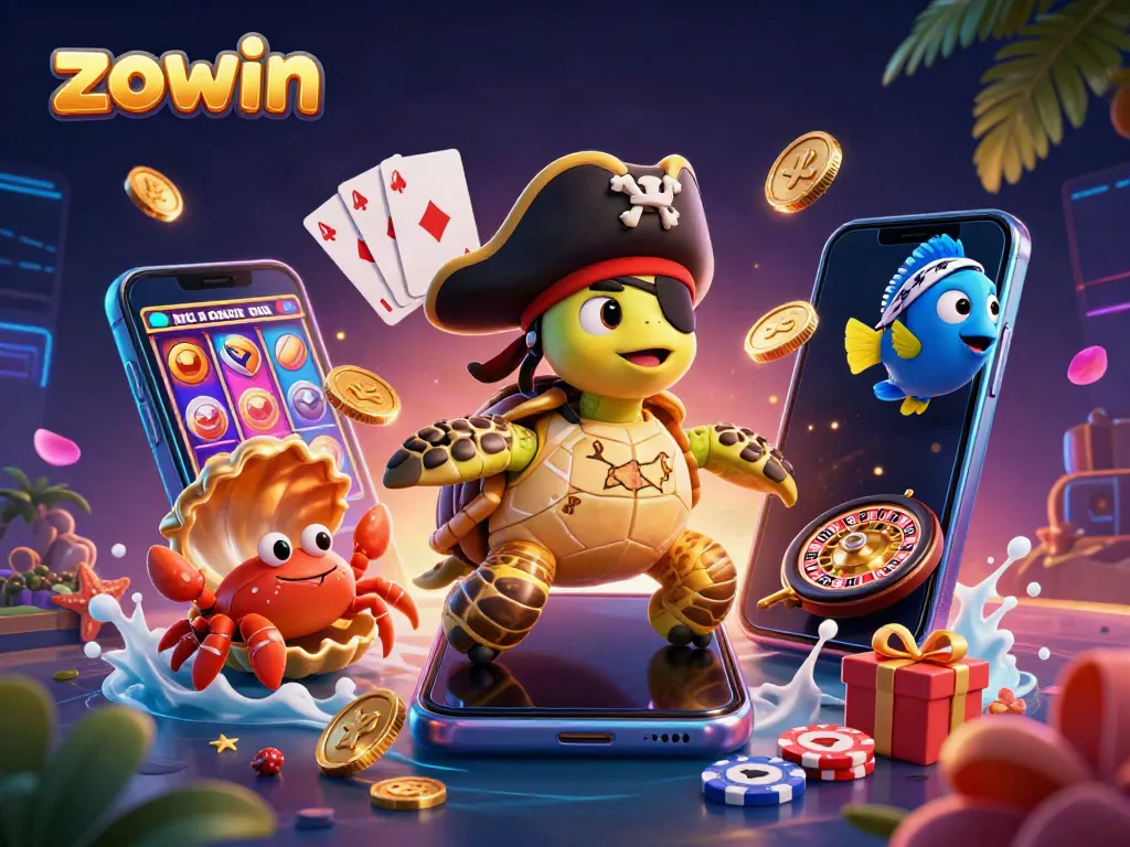 Zowin logo on a vibrant casino scene with a pirate turtle, hermit crab, and parrotfish surrounded by slot games and treasures.
