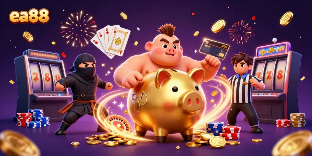 Engage with the dynamic ea88 casino scene featuring golden coins, a piggy bank sumo wrestler, and gaming excitement.