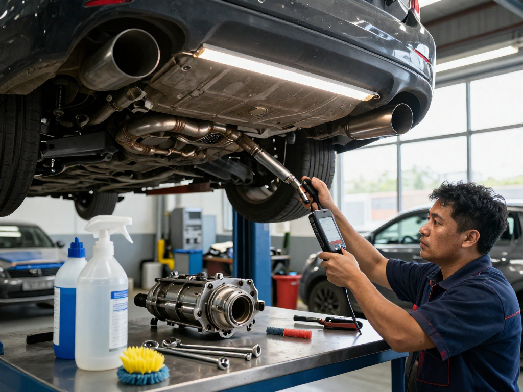 Mechaniker überprüft die DPF-Reinigung in einer modernen Werkstatt mit Werkzeugen.