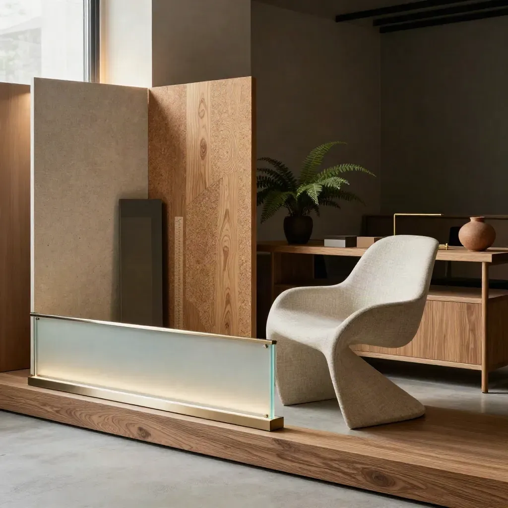 Firmenprofil-Ecke mit Stoffmustern, Linen Chair und grün leuchtender Benefits-Leiste im Raum.