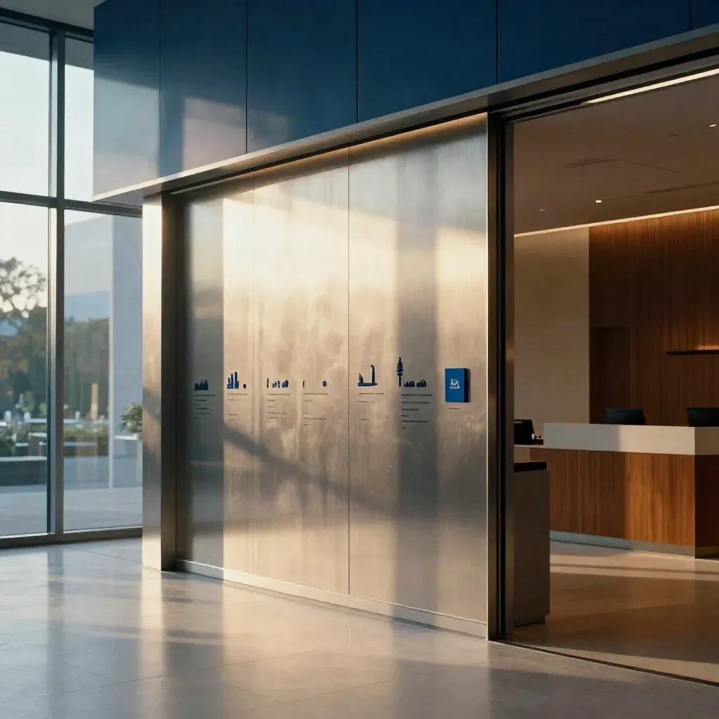 Moderne Lobby mit leuchtender Stellenanzeigen-Wand aus leeren Rahmen, Pins und blauem Akzent.