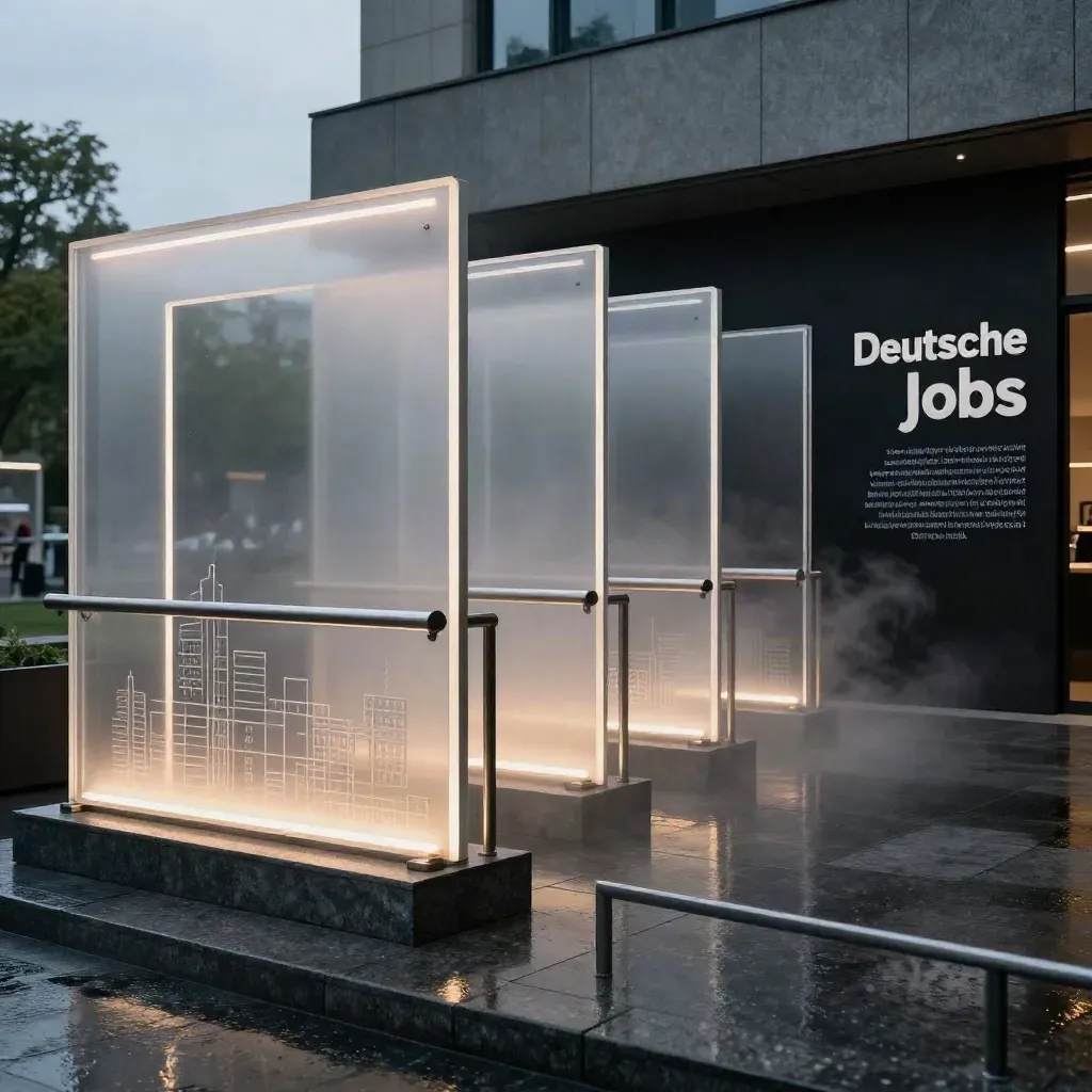 Düstere Recruiting-Lobby mit frosted Acrylrahmen, Stahl und Steinsockel bei Blaustunde.