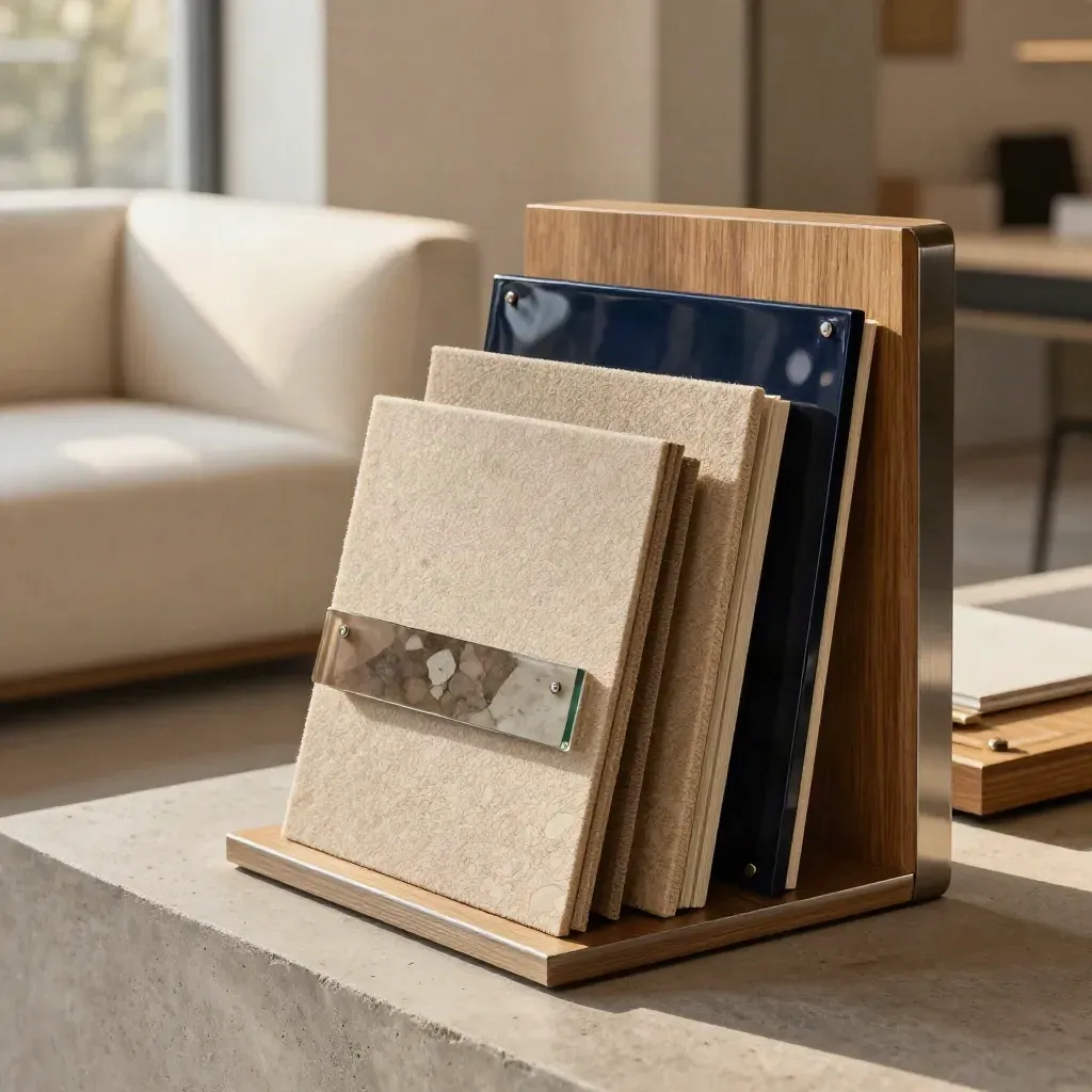 Frankfurter Startup-Lounge mit Prototyp-Regal, Sofa und Materialmustern in warmen Naturtönen.