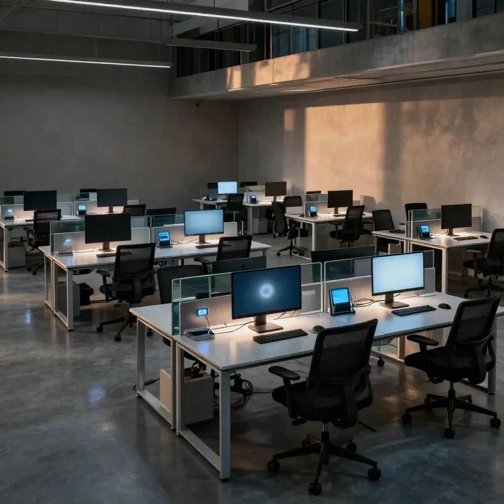 Berliner Tech-Floor mit 18 leuchtenden Workstations, blauem Monitorlicht und Glasreflexen.
