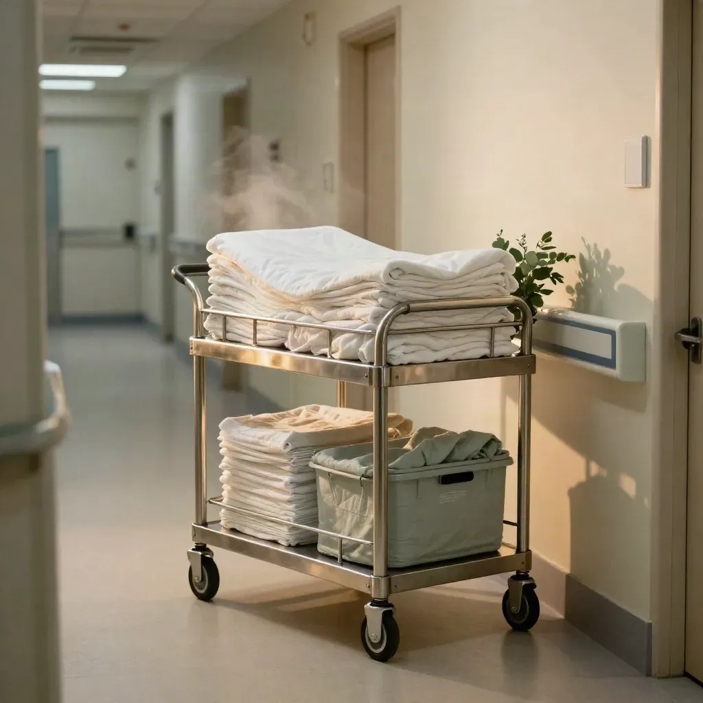 Pflege-Station mit Wäschewagen und Edelstahltrolley im warmen Krankenhausflur bei Abendlicht.