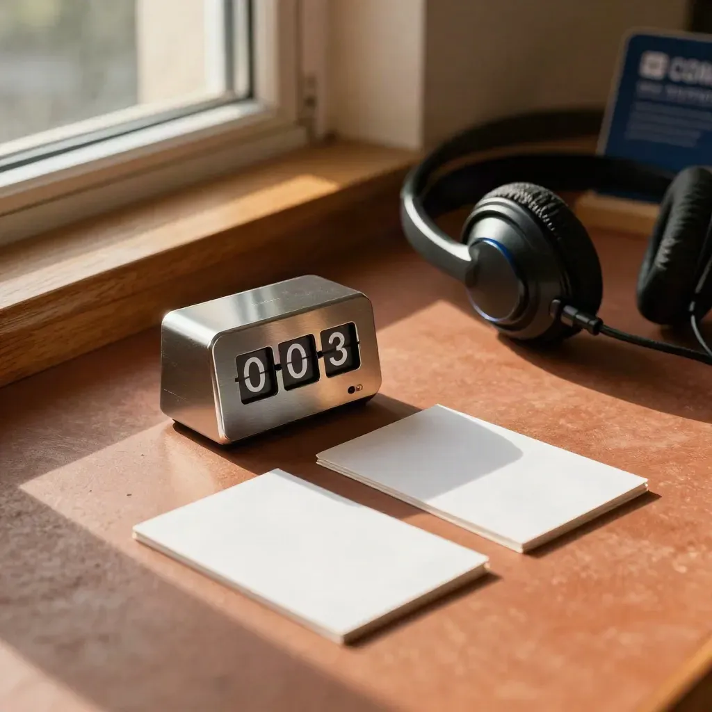 Timer, Headset-Dock und gefaltete Karten auf Terrakotta-Tisch im Interview-Setup