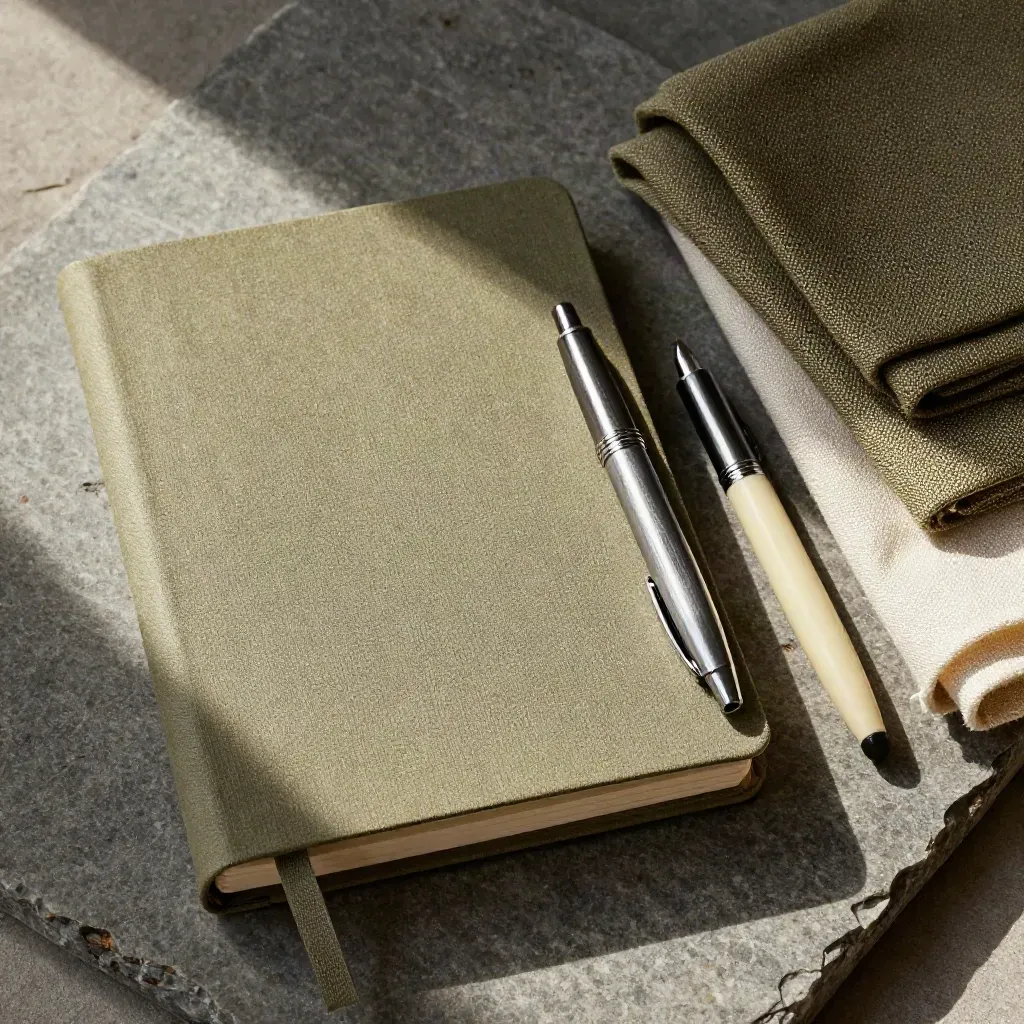 Linen-Notizbuch, Füllfederhalter und Stoffmuster auf hellem Stein im schrägen Licht.