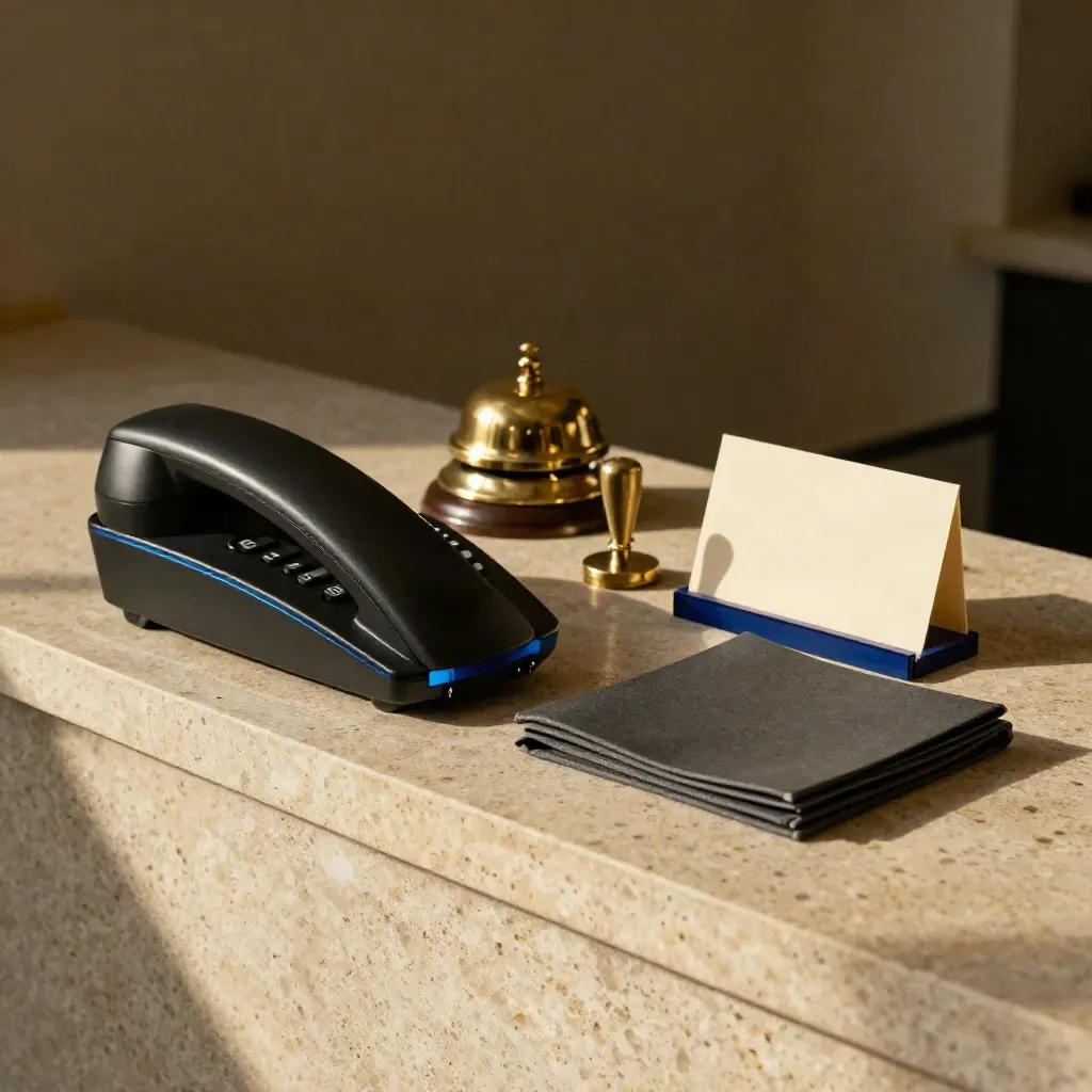 Arbeitgeber-Service-Desk mit Telefonkonsole, Messingklingel, Stempel und Kartenhalter auf Travertin.
