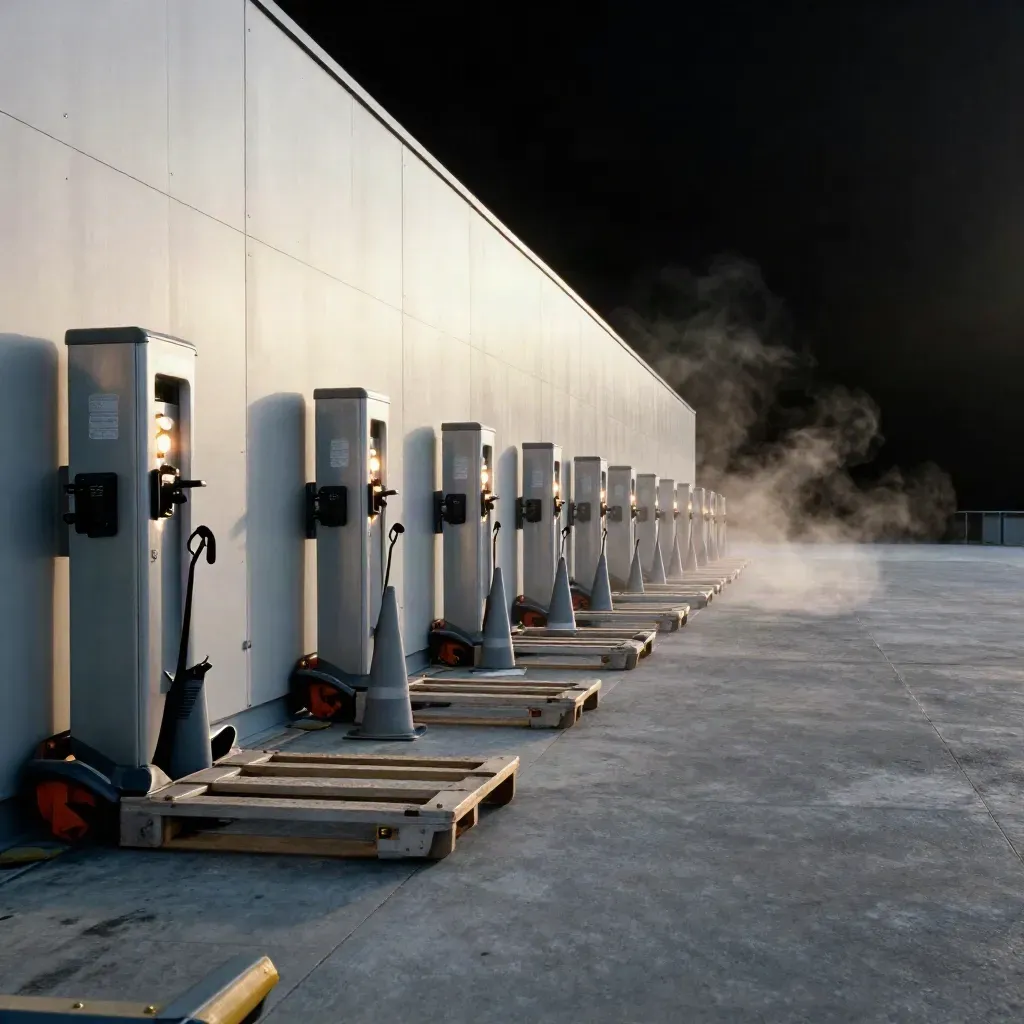 Leeres Warehouse-Dock mit Pallet Jacks, Ladebuchten und eingeschalteten Sicherheitskegeln