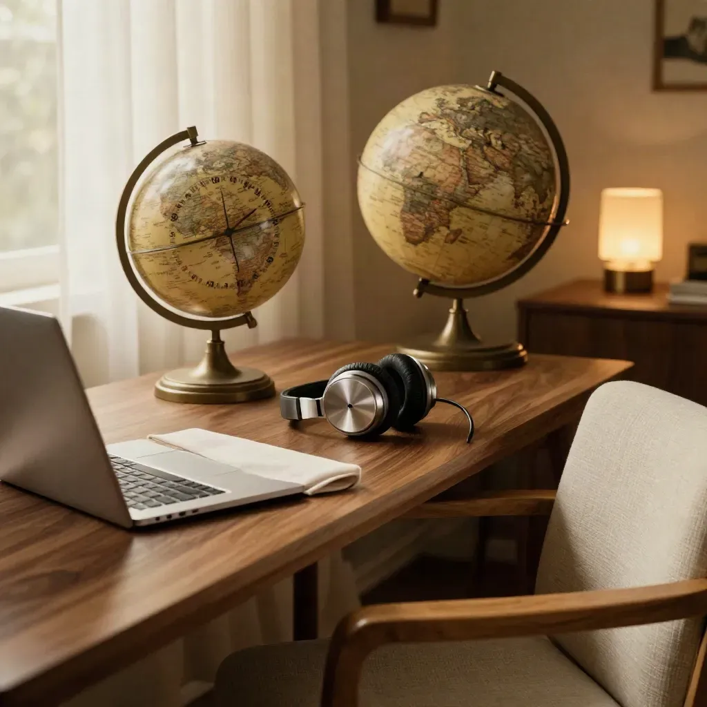 Ruhiges Remote-Work-Studio mit geschlossenem Laptop, Headset-Dock, Globus-Uhr und leerem Stuhl.