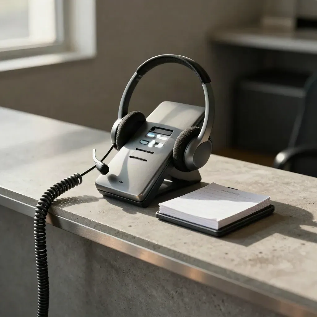 Headset-Dock, Telefonhalter und Memo-Block auf grauer Servicefläche im weichen Licht.