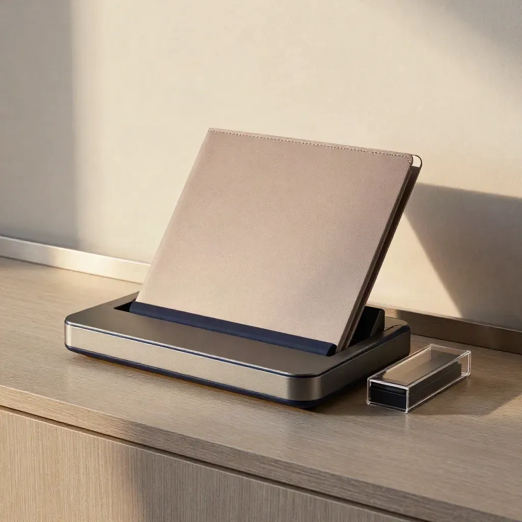 Versiegelte Portfoliosleeve, Scanner-Dock und Speicherlaufwerk auf hellem Holz.