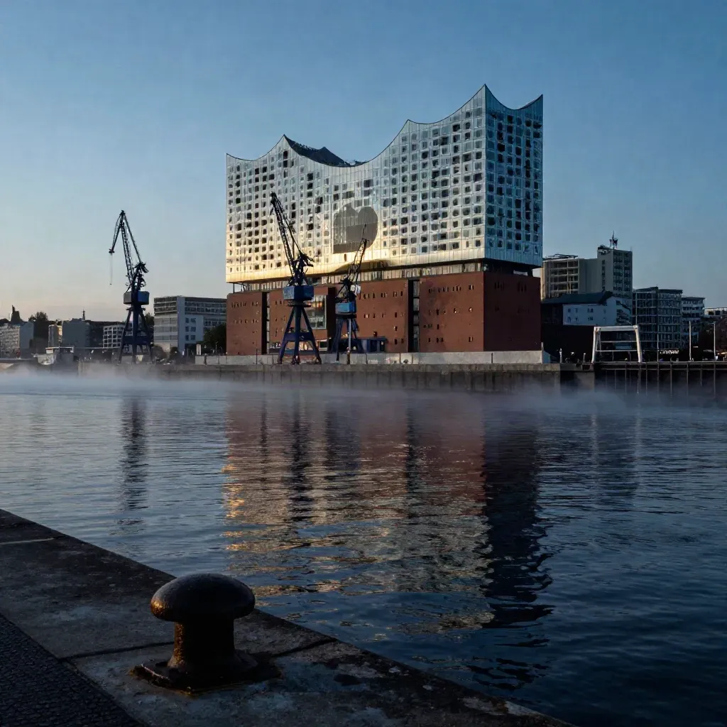 Hamburger Hafen bei Blue Hour mit Elbphilharmonie, Kränen und Nebel über ruhigem Wasser