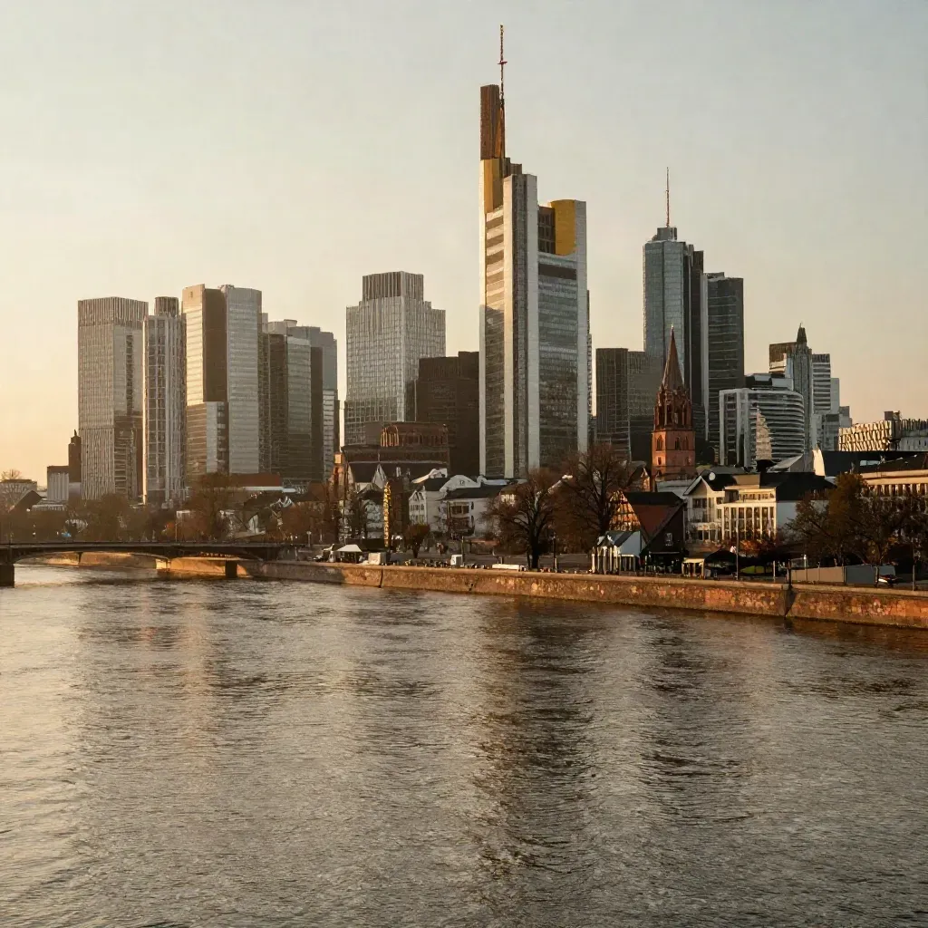 Frankfurter Skyline über dem Main im goldenen Abendlicht, bronzener Fluss und ruhige Fläche unten.