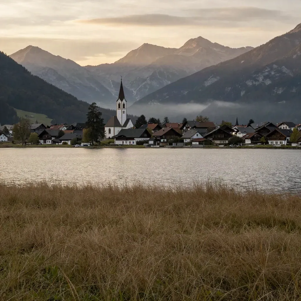 Bayerische Alpenvorhügel mit Kirchturm, Seeufer, Wiese und Abenddunst