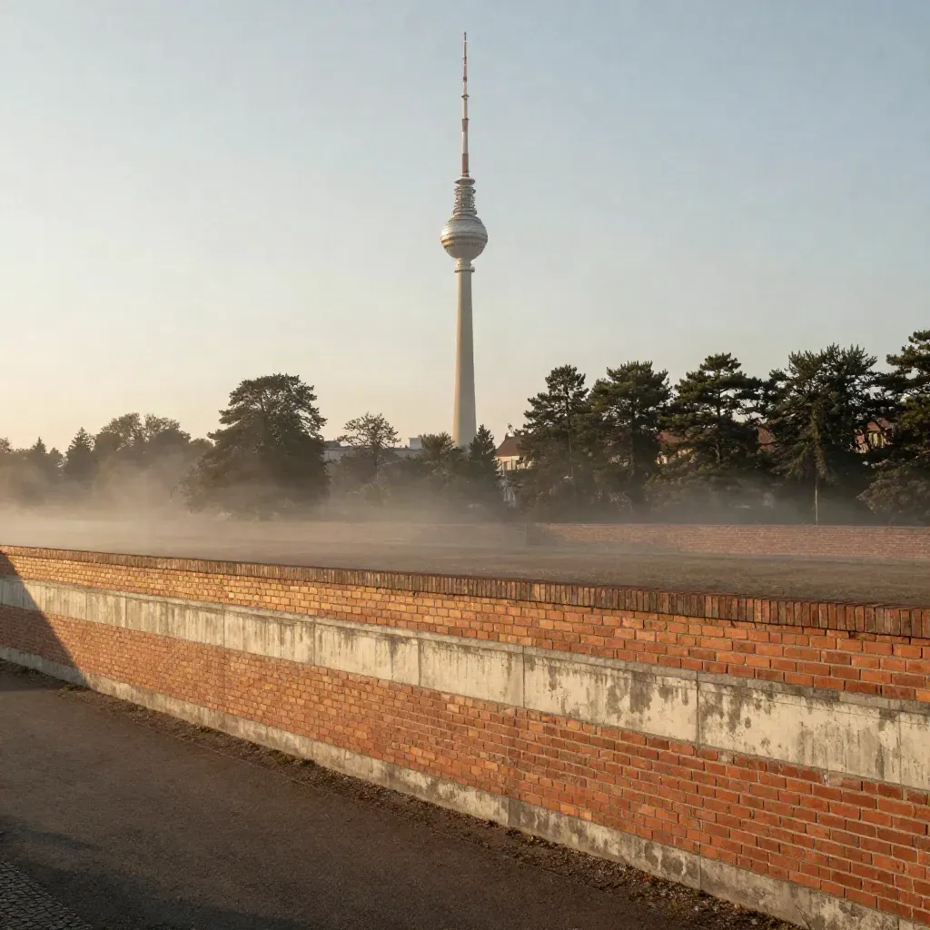 Abendhaze über Berlin mit Fernsehturm, Dächern, Kiefern und ruhigem Ziegelvordergrund