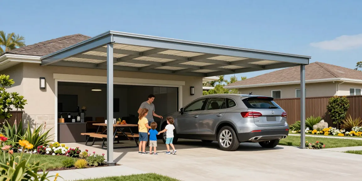 Moderne Carport in einem Vorort mit einem Auto und einer Familie, die im Freien spielt.