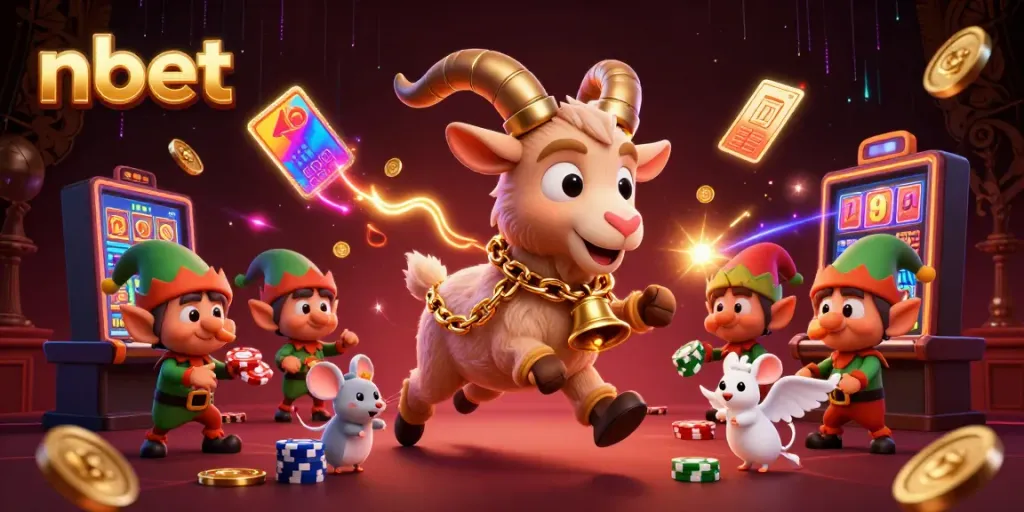 Experience nbet action with cartoon Krampus, angel mouse, and gremlins in a vibrant casino scene.