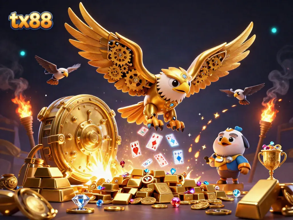 Experience thrilling tx88 action with a cybernetic eagle navigating a treasure-filled casino landscape.