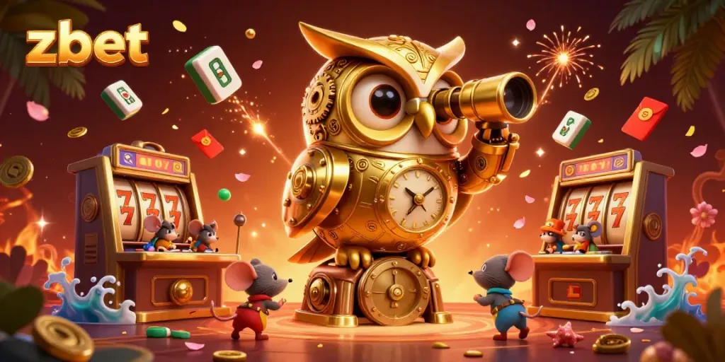 Zbet brings an exciting casino atmosphere with a golden owl and whimsical mice playing among slot machines.