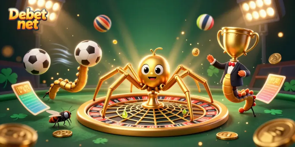 Experience thrilling action at Debet net with a golden spider roulette scene and flying sports balls.