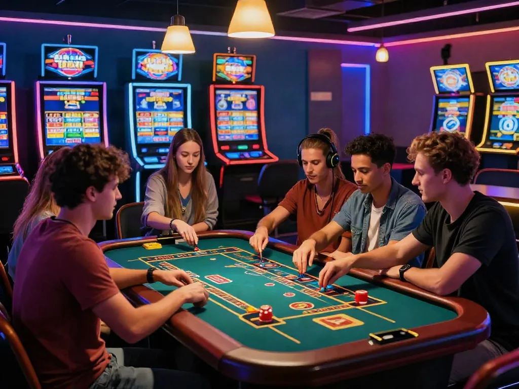 Friends enjoying a lively gaming night at UK 88 with bright electronic displays.