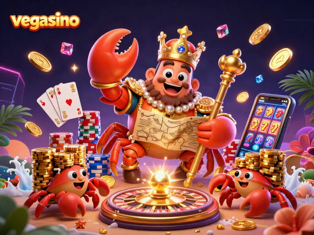 Experience thrilling gambling action at vegasino with a majestic golden crab emperor amidst glittering coins and game elements.